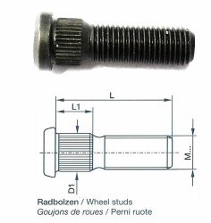 Radbolzen m. Riffelbund, M10 x 1,25 x 35 mm