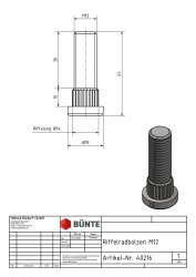 Radbolzen m. Riffelbund, M12 x 1,5 x 41 mm