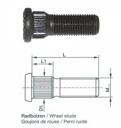 Radbolzen m. Riffelbund, M14 x 1,5 x 43 mm