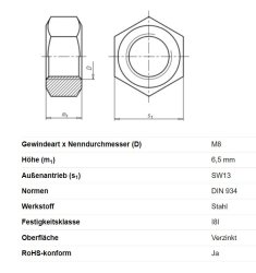 Sechskantmutter, M8 x 6,5 mm, Schl&uuml;sselweite 13