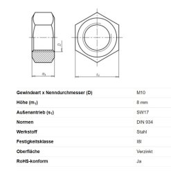 Sechskantmutter, M10 x 8 mm, Schl&uuml;sselweite 17