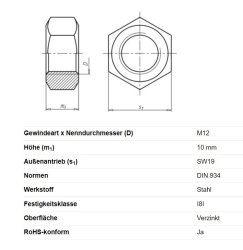 Sechskantmutter, M12 x 10 mm, Schlüsselweite 19