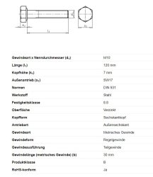 Sechskantschraube m. Schaft, M10 x 120 mm