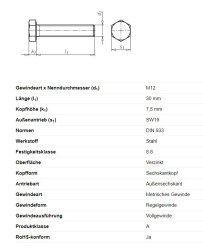 Sechskantschraube, M12 x 30 mm, Schl&uuml;sselweite 19