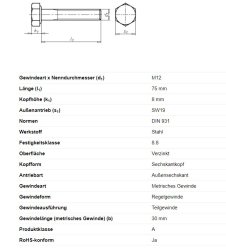 Sechskantschraube m. Schaft, M12 x 75 mm