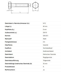 Sechskantschraube m. Schaft, M12 x 80 mm