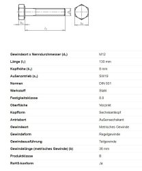 Sechskantschraube m. Schaft, M12 x 130 mm