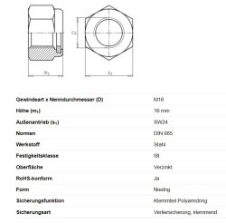 Sechskantmutter selbstsichernd, M16 x 16 mm