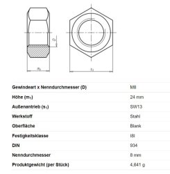 Sechskantmutter m. Linksgewinde, M8 x 24 mm