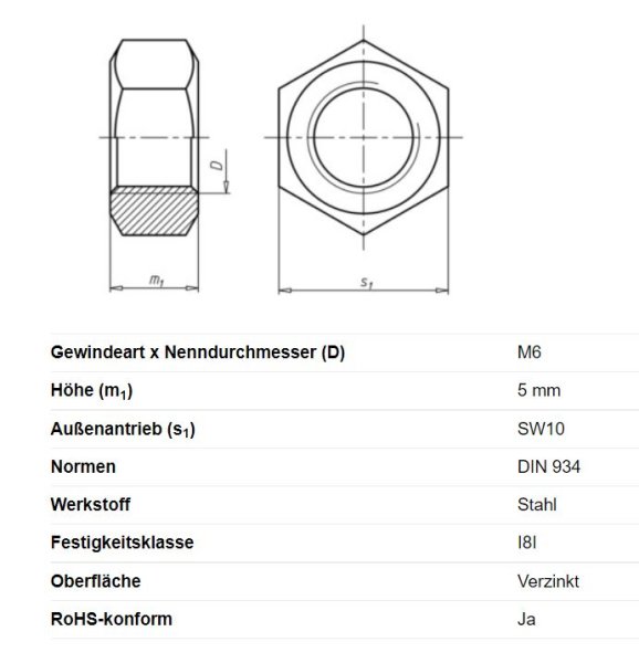 Sechskantmutter, M6 x 5 mm, Schl&uuml;sselweite 10