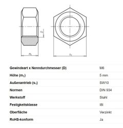 Sechskantmutter, M6 x 5 mm, Schlüsselweite 10