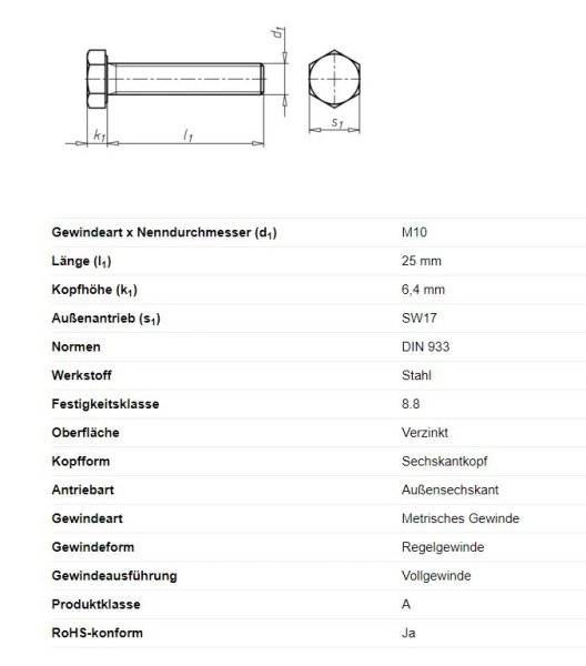 Sechskantschraube, M10 x 25 mm, Schl&uuml;sselweite 17