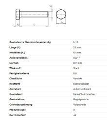 Sechskantschraube, M10 x 25 mm, Schlüsselweite 17