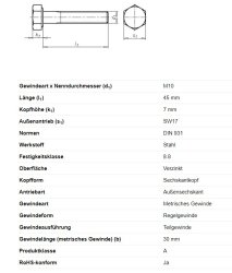 Sechskantschraube m. Schaft, M10 x 45 mm