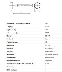 Sechskantschraube m. Schaft, M10 x 50 mm