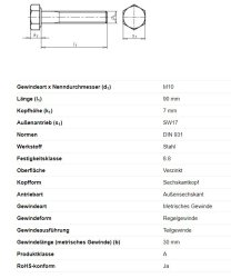 Sechskantschraube m. Schaft, M10 x 90 mm