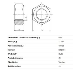 Sechskantmutter, M14 x 11 mm, Schl&uuml;sselweite 22