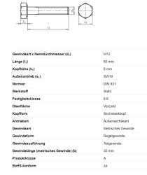 Sechskantschraube m. Schaft, M12 x 60 mm