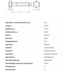 Sechskantschraube m. Schaft, M12 x 80 mm