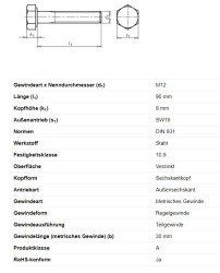 Sechskantschraube m. Schaft, M12 x 90 mm