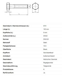 Sechskantschraube m. Schaft, M14 x 100 mm