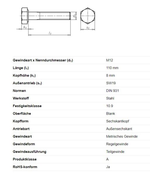 Sechskantschraube m. Schaft, M12 x 110 mm