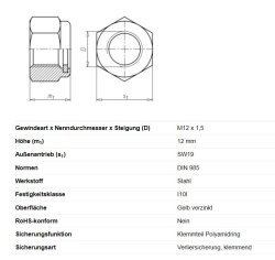 Sechskantmutter selbstsichernd, M12 x 1,5 x 12 mm