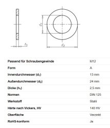 Unterlegscheibe, Ø 13/24 x 2,5 mm, DIN 125