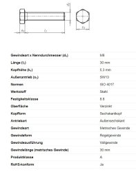 Sechskantschraube, M8 x 30 mm, Schl&uuml;sselweite 13