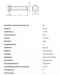 Sechskantschraube, M8 x 40 mm, Schlüsselweite 13