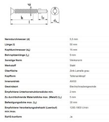 Fl&uuml;gelbohrschraube m. Senkkopf AW30, &Oslash; 5,5 x 50 mm