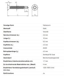 Bohrschraube m. Senkkopf AW25, &Oslash; 4,8 x 16 mm