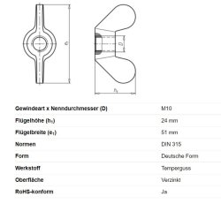 Flügelmutter, M10, 24 x 51 mm, DIN 315