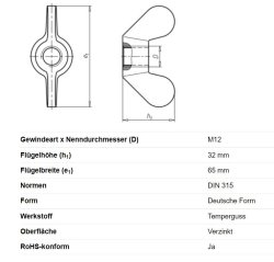 Flügelmutter, M12, 32 x 65 mm, DIN 315