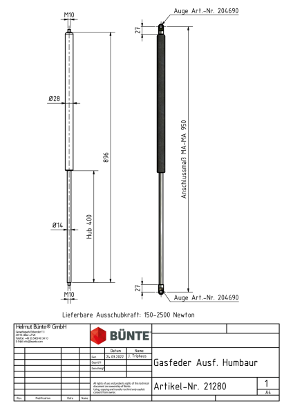 B&Uuml;NTE Gasfeder 14/28, 150-2500 N, 896 mm