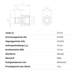 Reduziernippel, v. M10 a. M12 x 10 mm, 23 mm