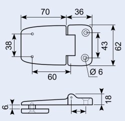 Scharnier, 62 x 106 x 18 mm, Bohrungen Ø 6 mm