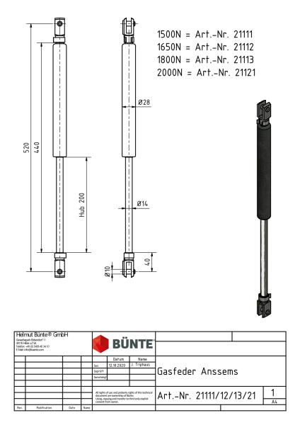 B&Uuml;NTE Gasfeder 14/28, 1500 N, 517 mm, 201 mm Hub