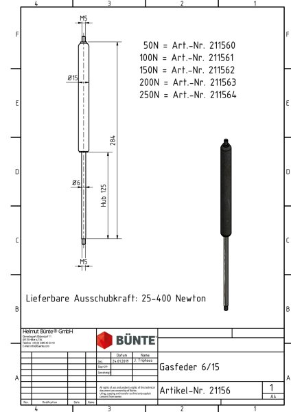 B&Uuml;NTE Gasfeder 6/15, 200 N, 284 mm, 125 mm Hub