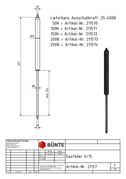 B&Uuml;NTE Gasfeder 6/15, 25-400 N, 327 mm, 150 mm Hub