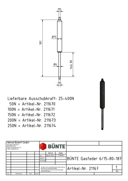 B&Uuml;NTE Gasfeder 6/15, 25-400 N, 187 mm, 80 mm Hub